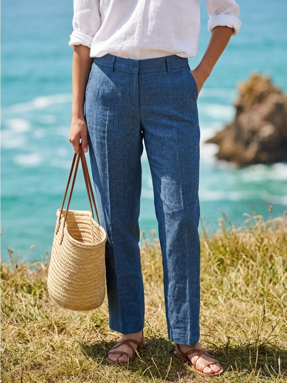 Talbots Heritage 100% Italian Linen Size 6 Blue Straight Leg Career Pants